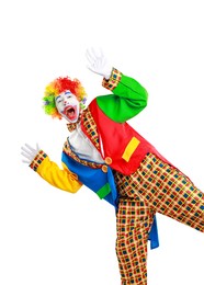 Photo of Portrait of emotional clown on light background