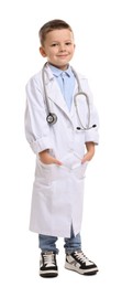 Photo of Little boy with stethoscope pretending to be doctor on white background. Dreaming of future profession