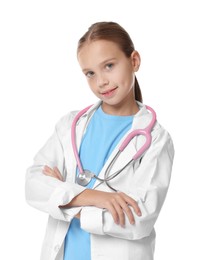 Photo of Girl with stethoscope pretending to be doctor on white background. Dreaming of future profession