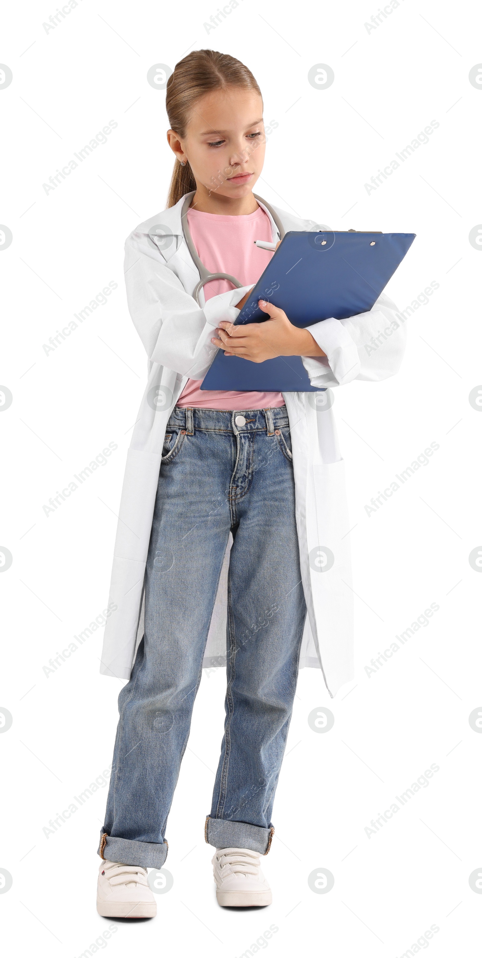 Photo of Girl with stethoscope and clipboard pretending to be doctor on white background. Dreaming of future profession