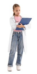 Photo of Girl with stethoscope and clipboard pretending to be doctor on white background. Dreaming of future profession