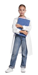 Photo of Girl with stethoscope and clipboard pretending to be doctor on white background. Dreaming of future profession