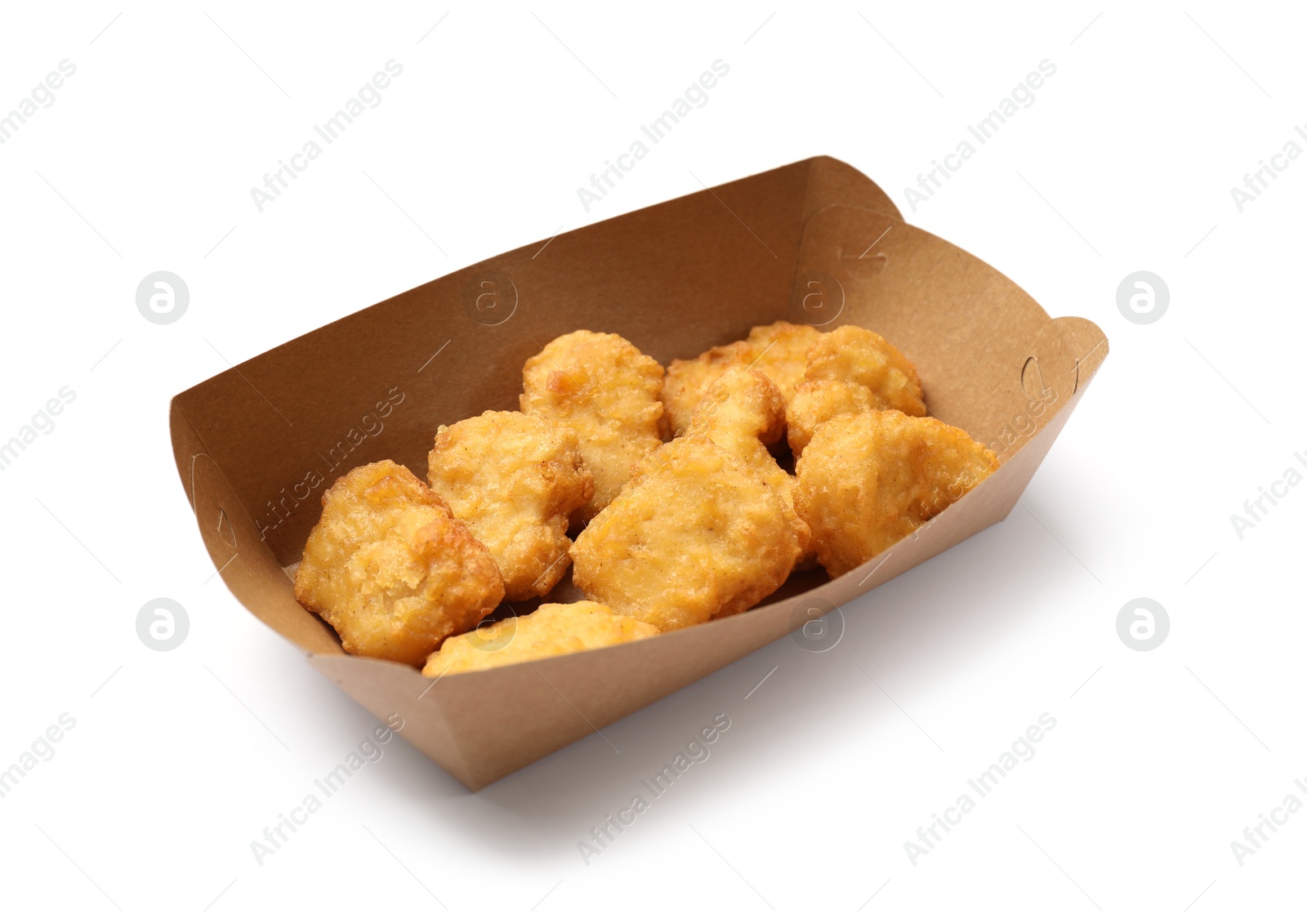 Photo of Delicious chicken nuggets in carton box isolated on white