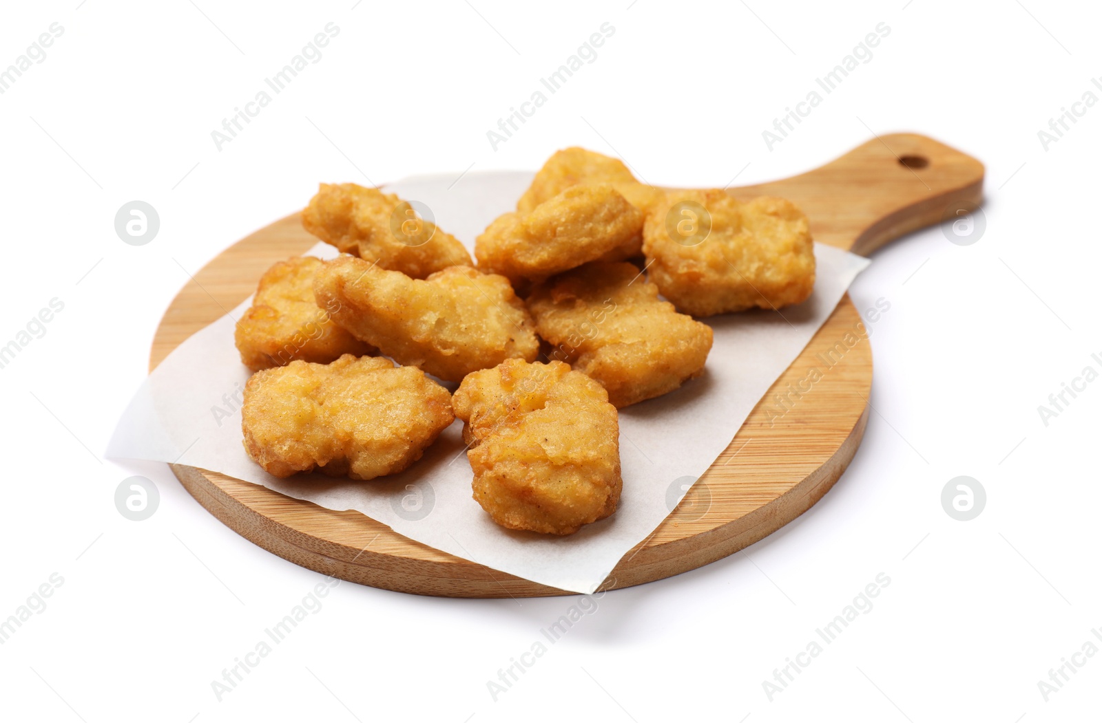 Photo of Delicious fresh chicken nuggets isolated on white