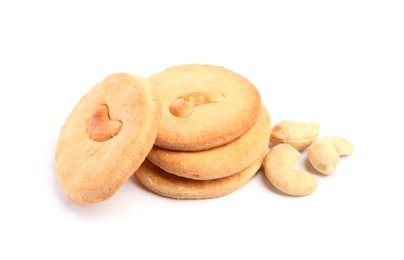 Photo of Stack of tasty cashew cookies isolated on white