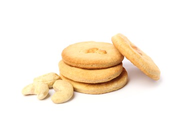 Photo of Stack of tasty cashew cookies isolated on white