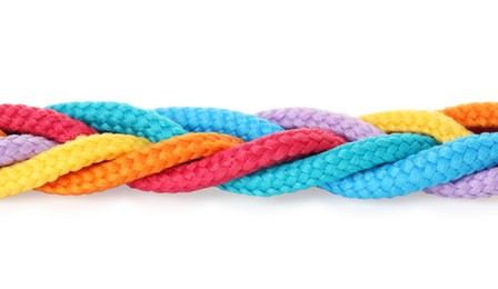 Photo of Braided colorful ropes isolated on white. Unity concept