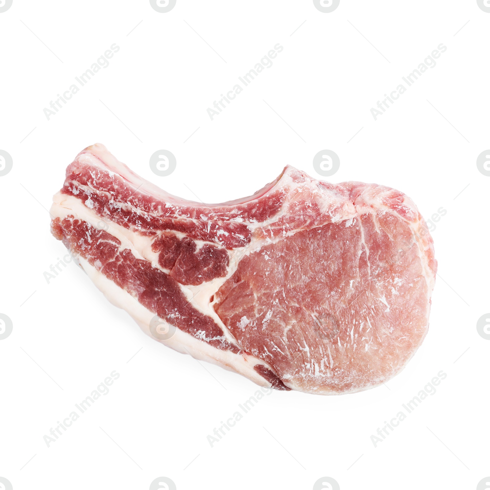 Photo of One frozen pork steak isolated on white, top view