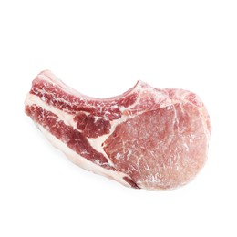 Photo of One frozen pork steak isolated on white, top view