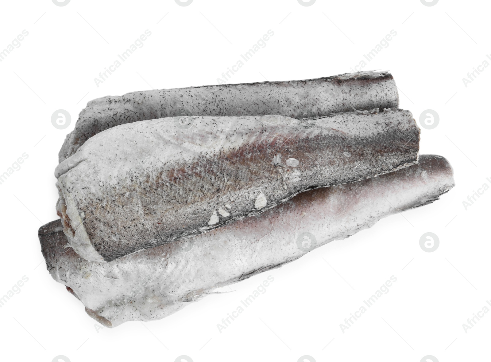 Photo of Three frozen hake fishes isolated on white, top view