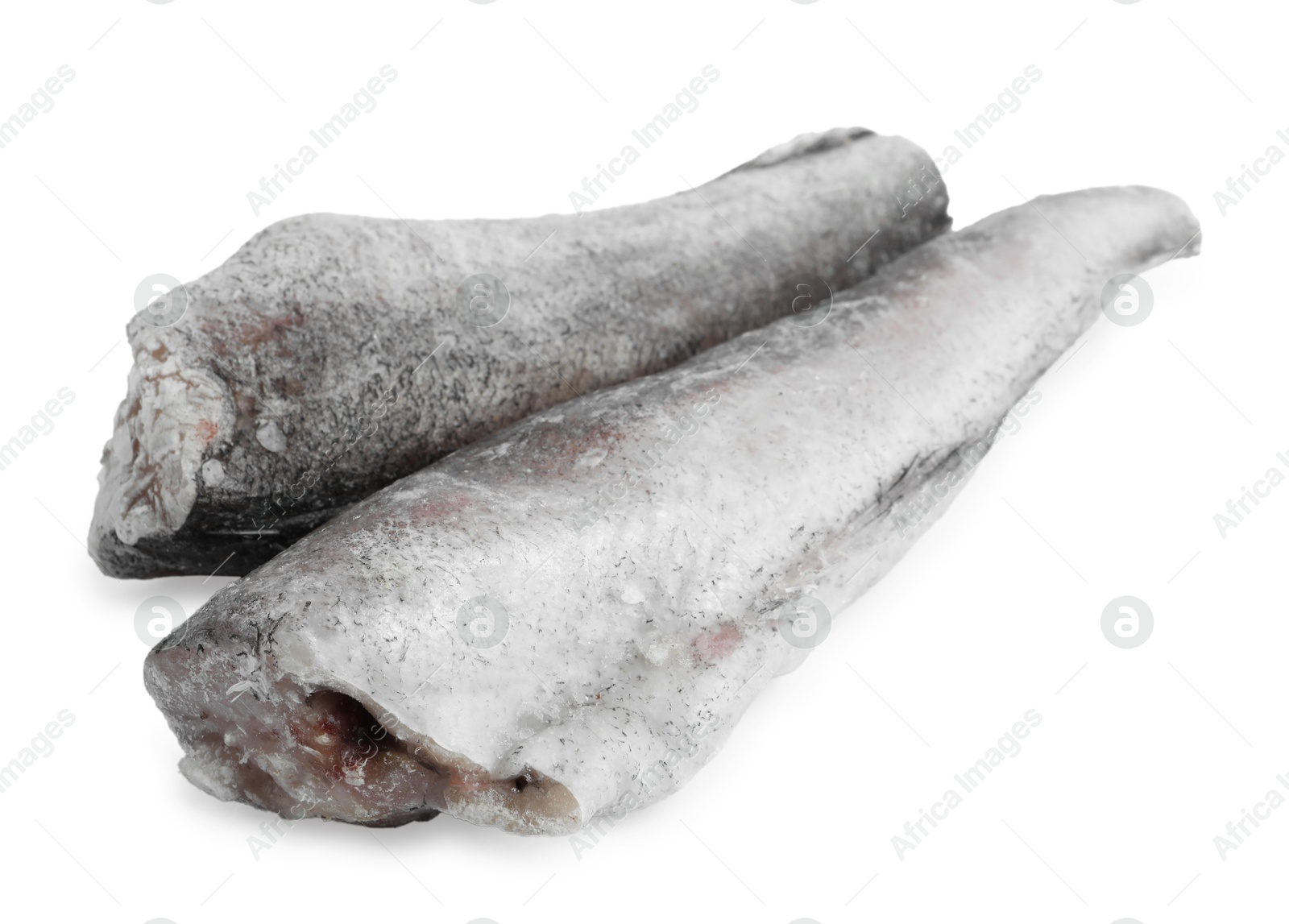 Photo of Two frozen hake fishes isolated on white