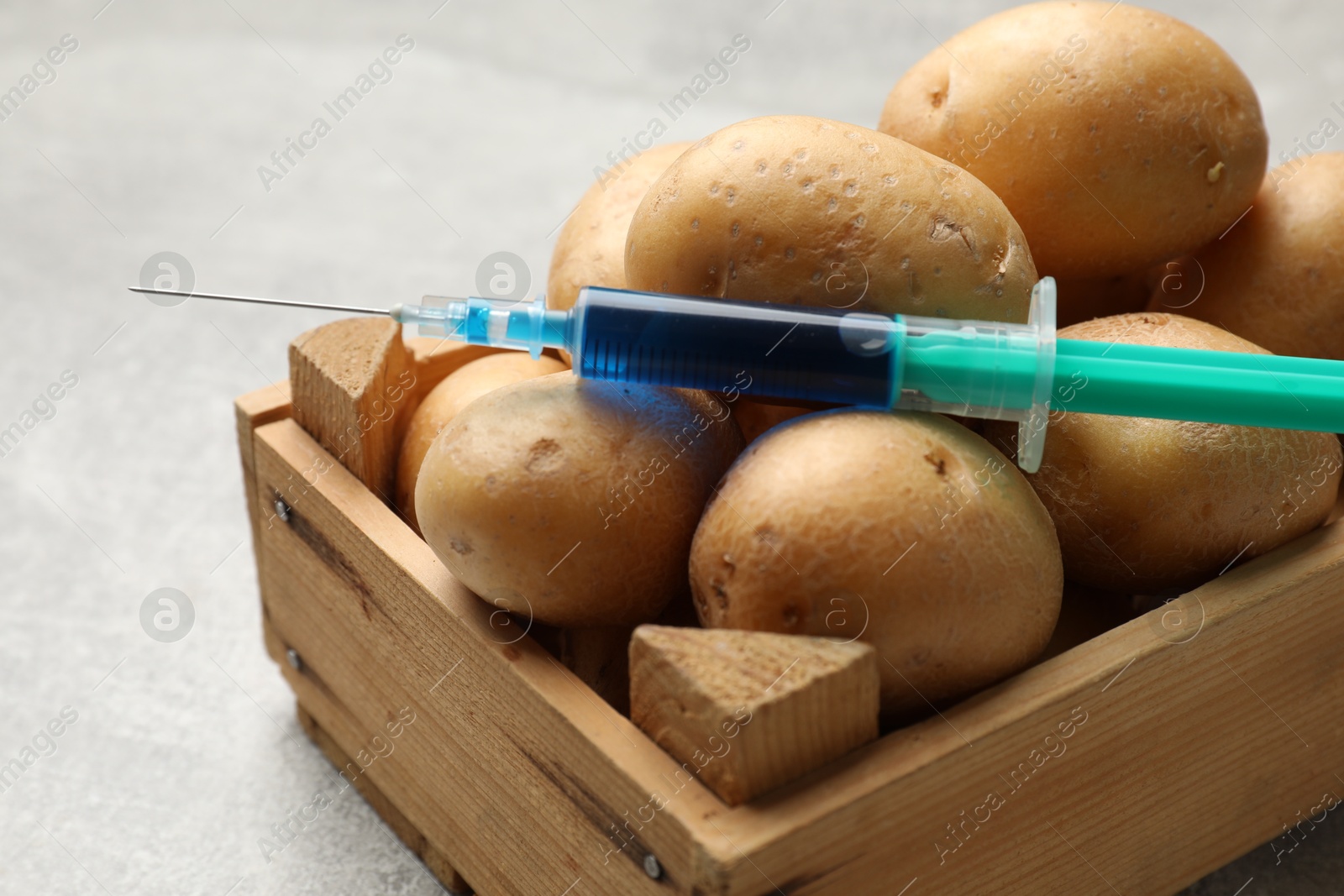 Photo of GMO concept. Potatoes and syringe with liquid in crate on grey textured table, closeup