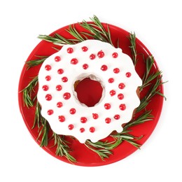 Photo of Tasty Christmas cake with red currants and rosemary isolated on white, top view