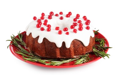 Photo of Tasty Christmas cake with red currants and rosemary isolated on white