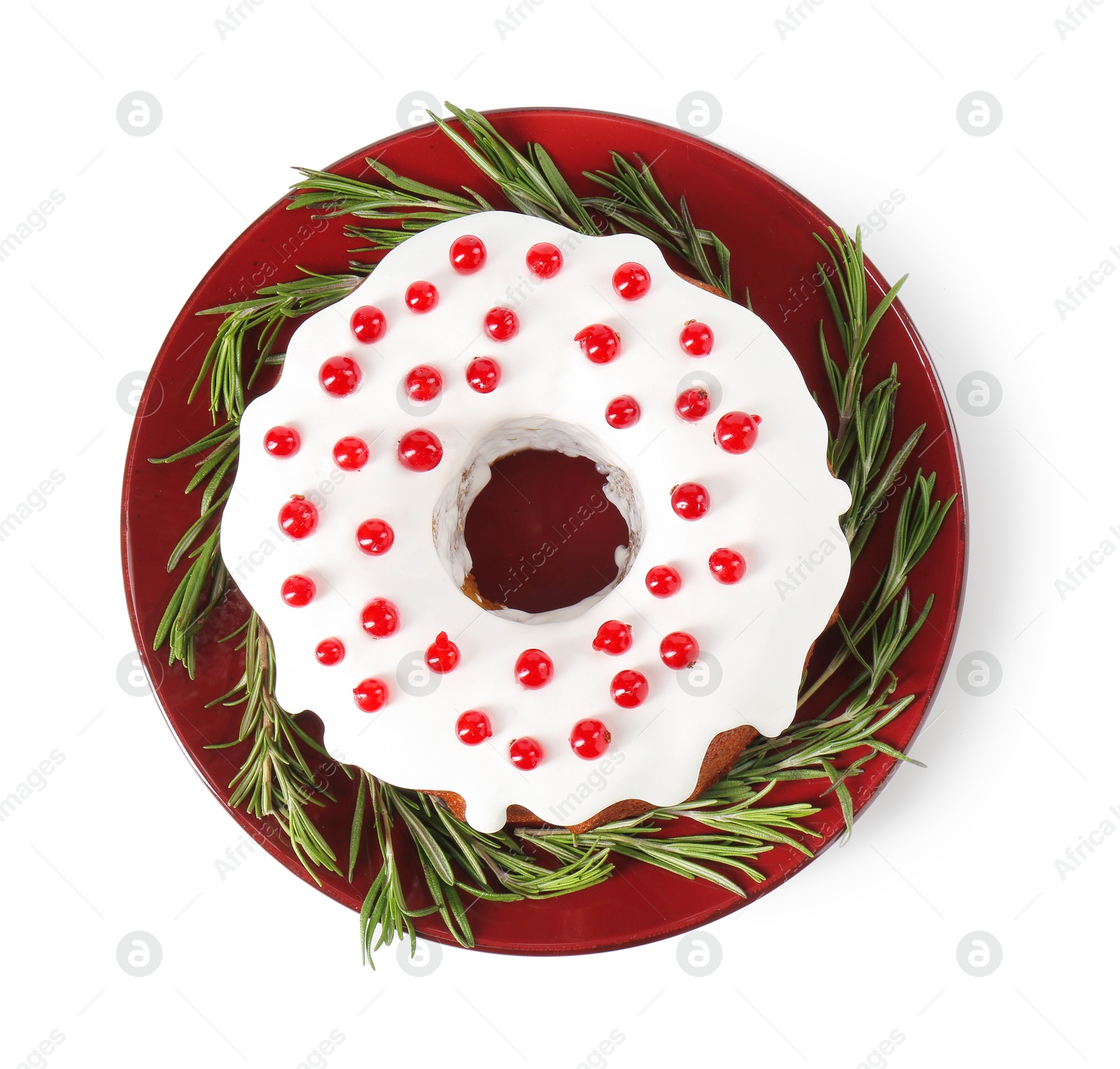 Photo of Tasty Christmas cake with red currants and rosemary isolated on white, top view