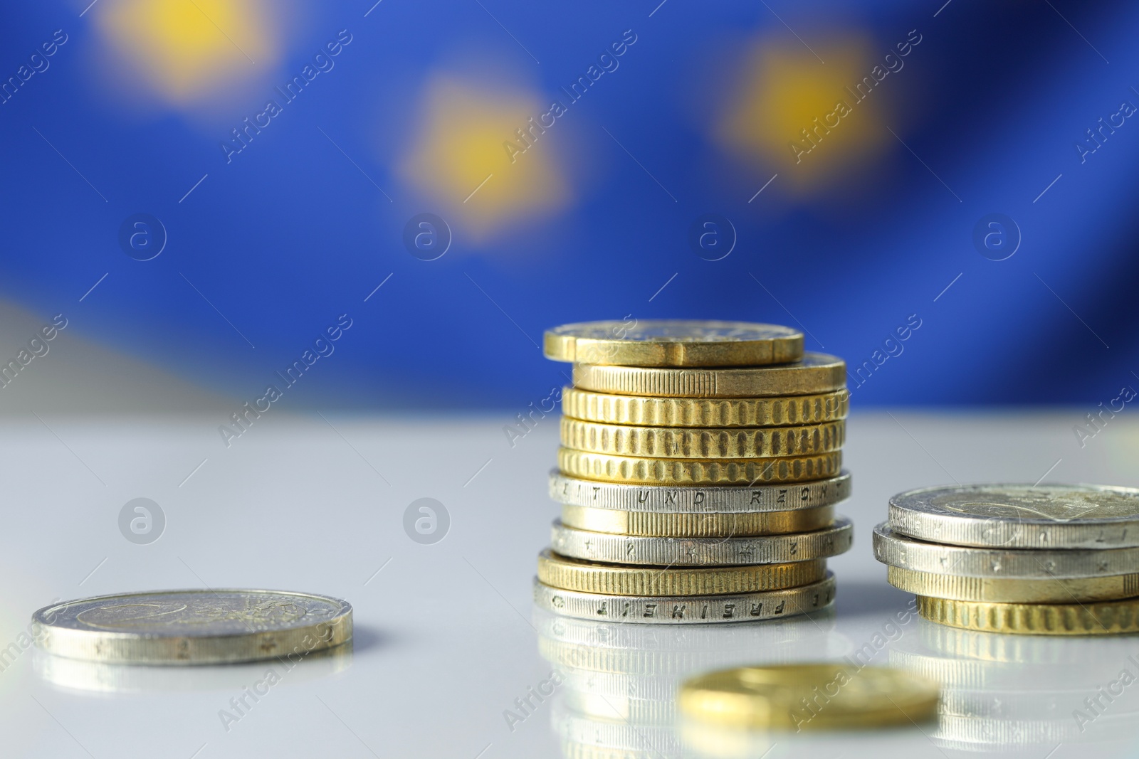 Photo of Many different euro coins on table, closeup