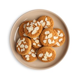 Photo of Tasty cookies with almond flakes isolated on white, top view