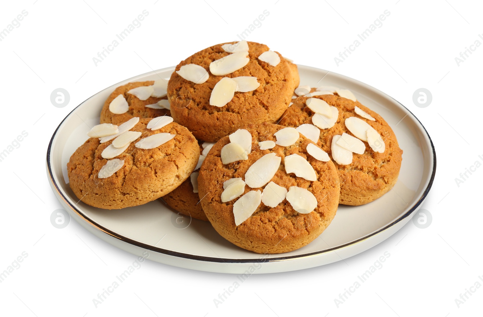 Photo of Tasty cookies with almond flakes isolated on white