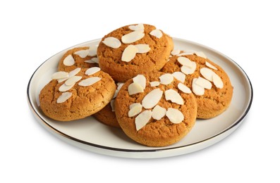 Photo of Tasty cookies with almond flakes isolated on white