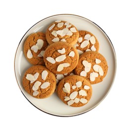 Photo of Tasty cookies with almond flakes isolated on white, top view