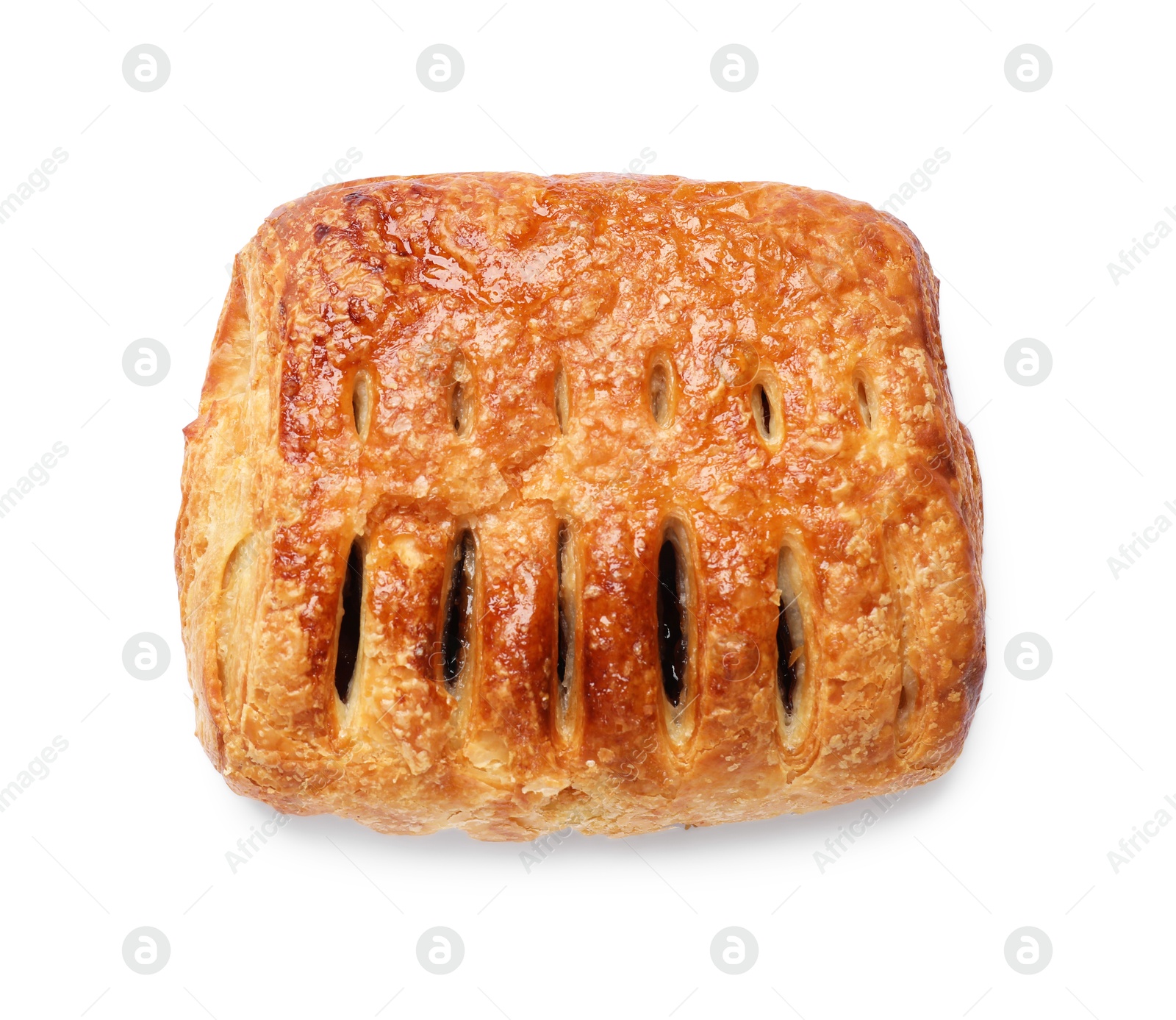 Photo of One delicious puff pastry with fruit filling isolated on white, top view