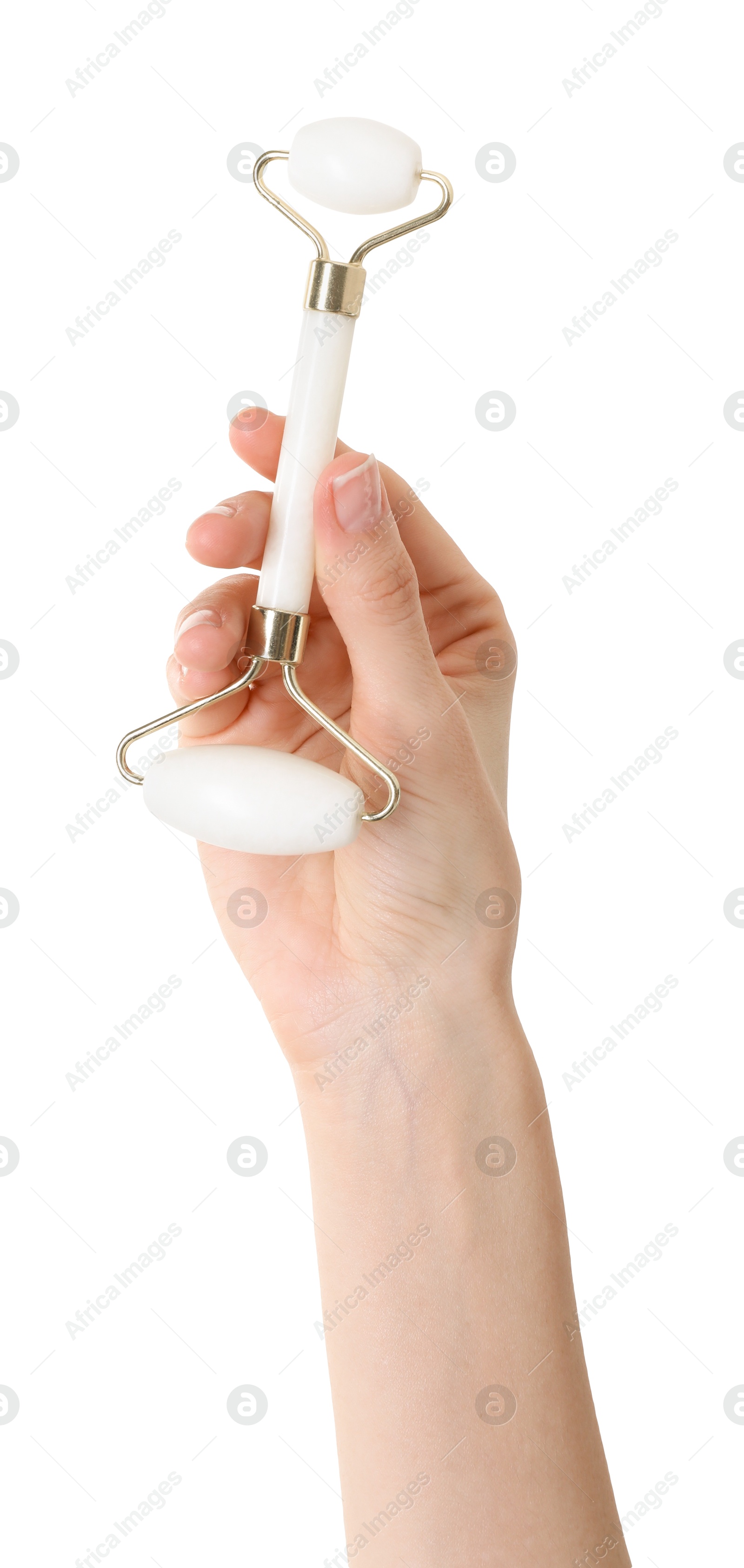 Photo of Woman holding face roller on white background, closeup