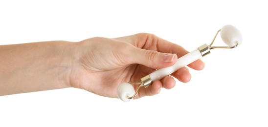 Photo of Woman holding face roller on white background, closeup