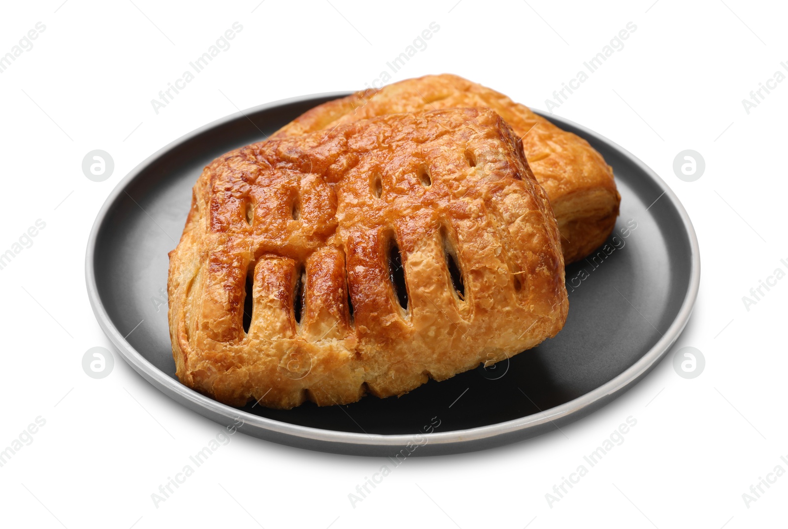 Photo of Delicious puff pastries with fruit filling isolated on white