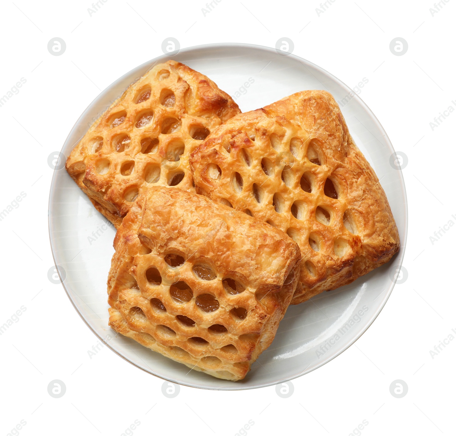 Photo of Delicious puff pastries with fruit filling isolated on white, top view