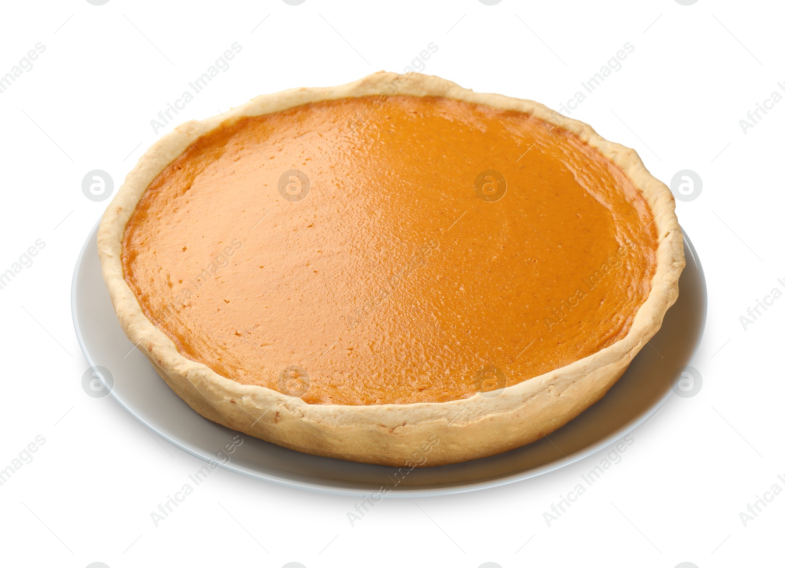 Photo of Tasty homemade pumpkin pie isolated on white