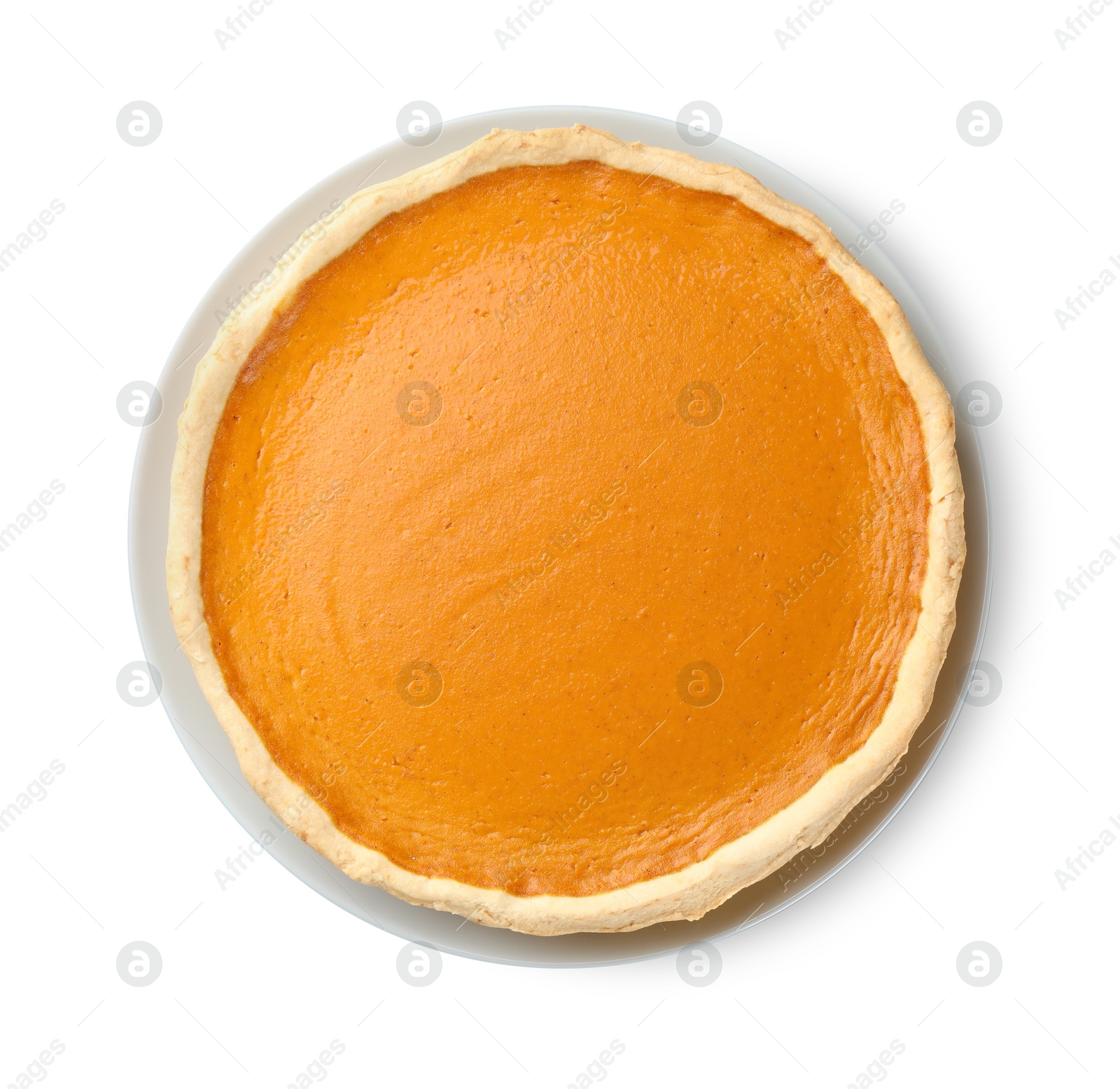 Photo of Tasty homemade pumpkin pie isolated on white, top view