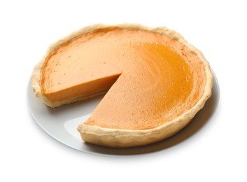 Photo of Tasty homemade pumpkin pie isolated on white