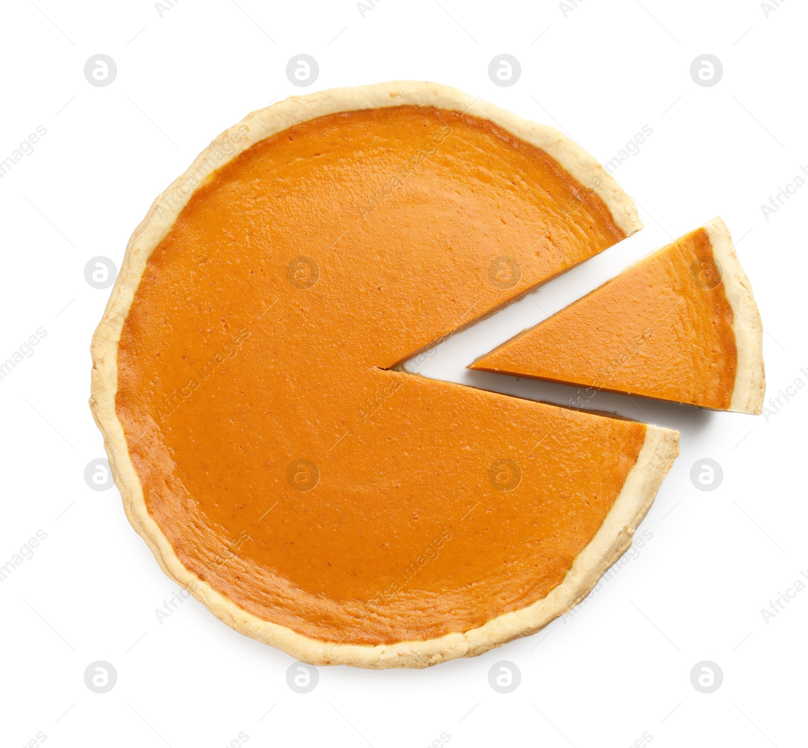 Photo of Tasty homemade pumpkin pie isolated on white, top view