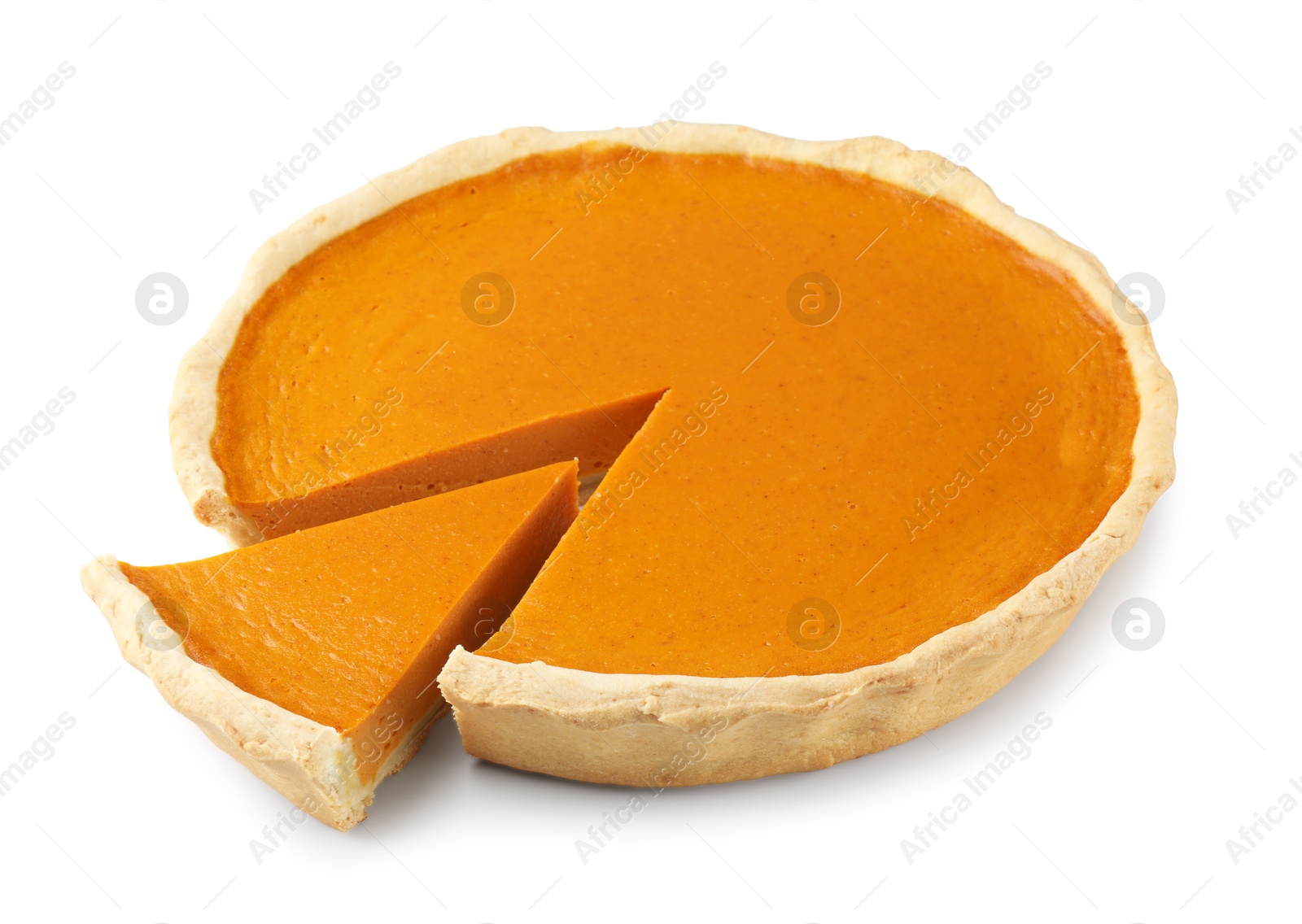 Photo of Tasty homemade pumpkin pie isolated on white