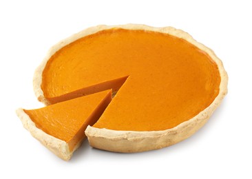 Photo of Tasty homemade pumpkin pie isolated on white