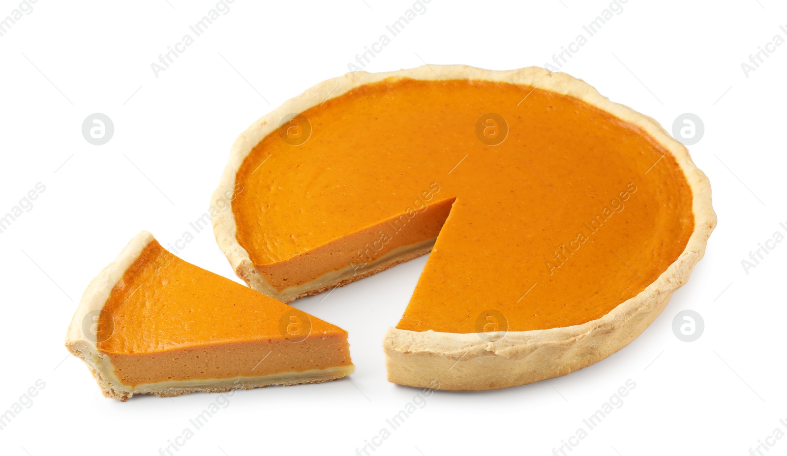 Photo of Tasty homemade pumpkin pie isolated on white