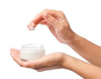 Photo of Woman with jar of cream on white background, closeup