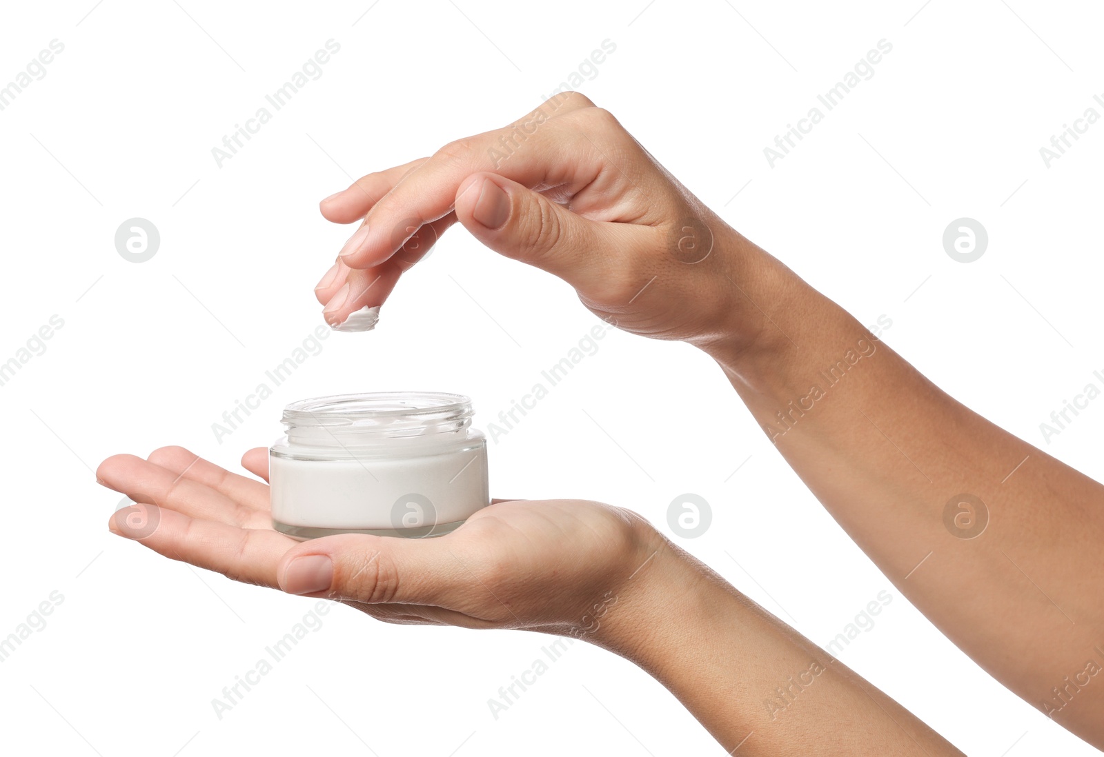 Photo of Woman with jar of cream on white background, closeup