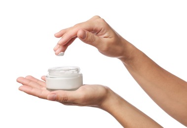 Woman with jar of cream on white background, closeup