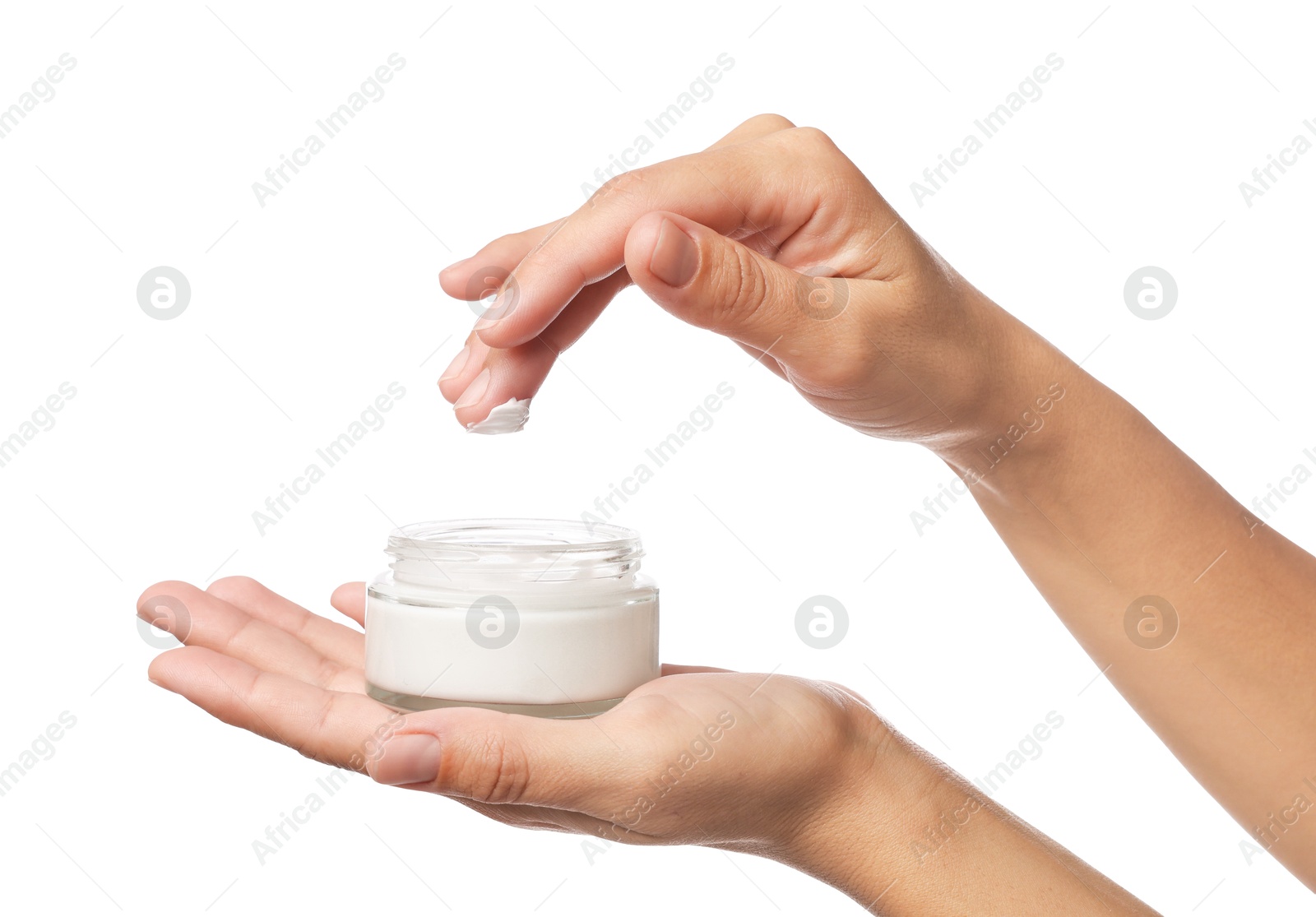 Photo of Woman with jar of cream on white background, closeup