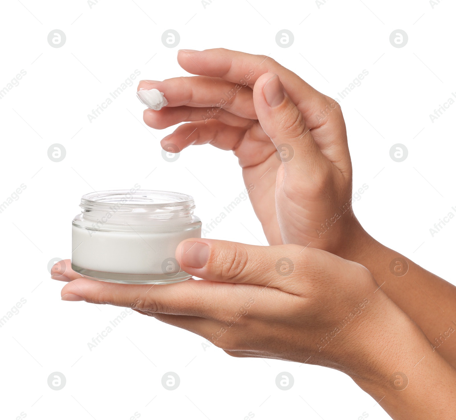 Photo of Woman with jar of cream on white background, closeup