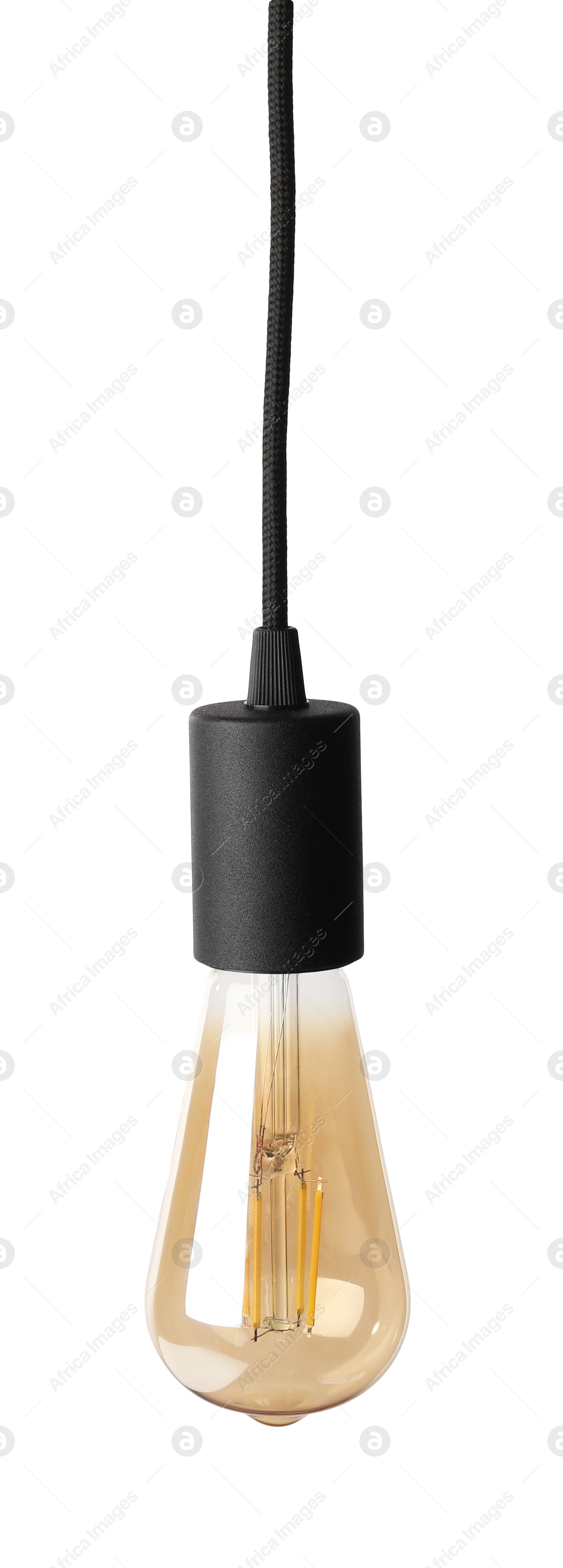 Photo of One light bulb hanging isolated on white