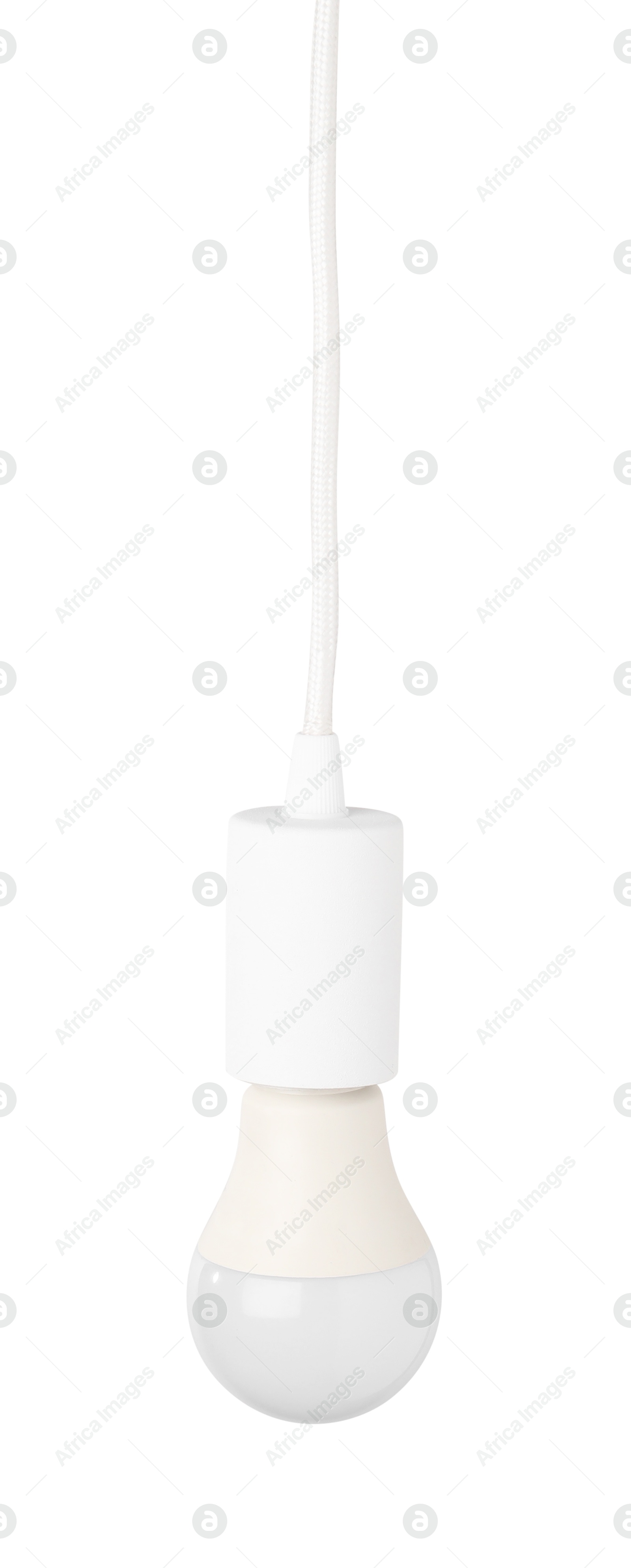 Photo of One light bulb hanging isolated on white