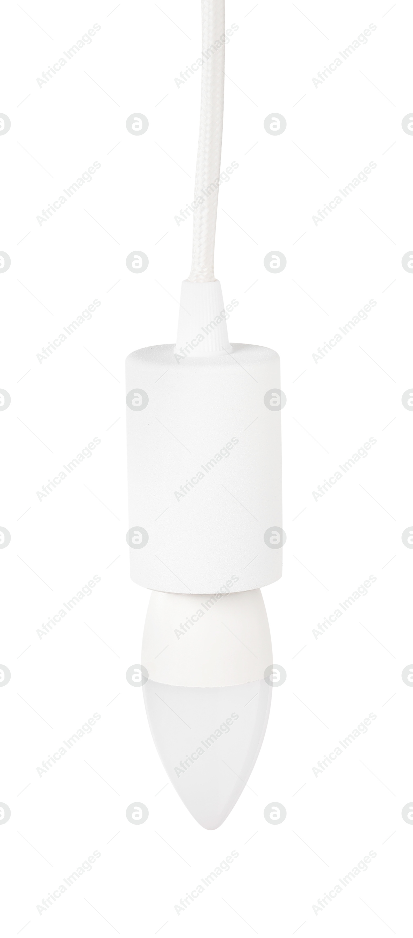 Photo of One light bulb hanging isolated on white