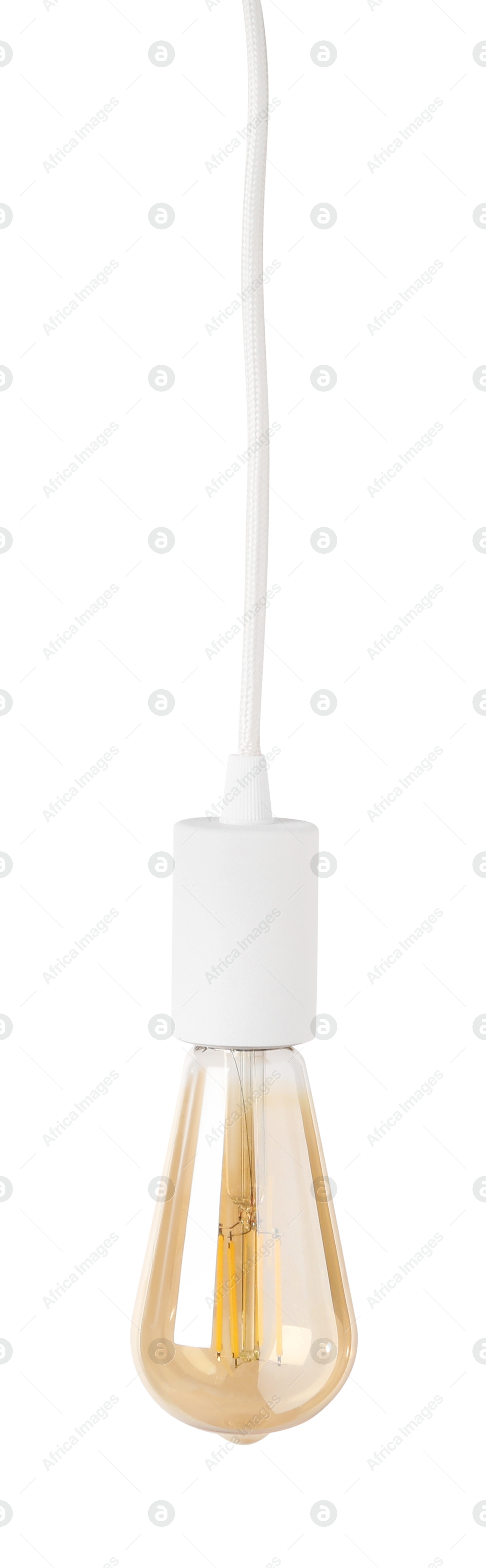 Photo of One light bulb hanging isolated on white