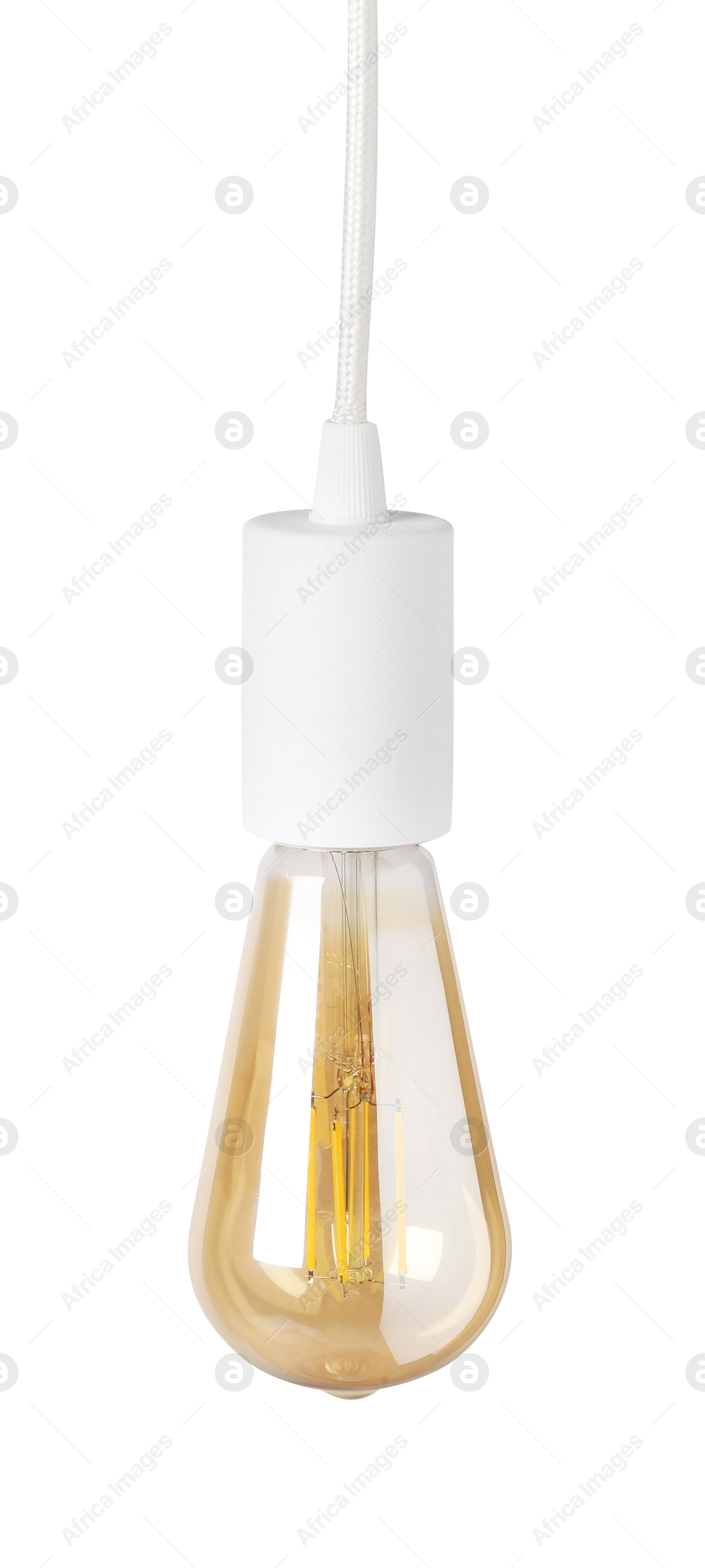 Photo of One light bulb hanging isolated on white