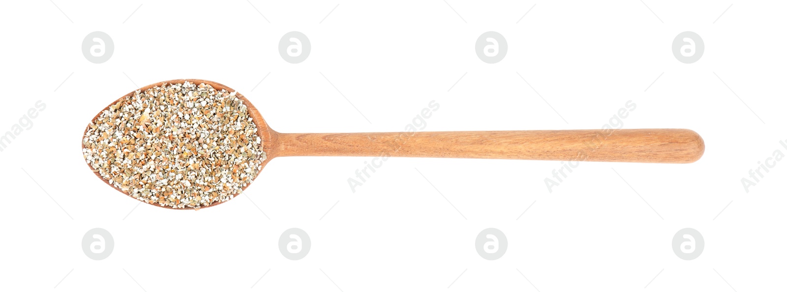 Photo of Rye bran in wooden spoon isolated on white, top view