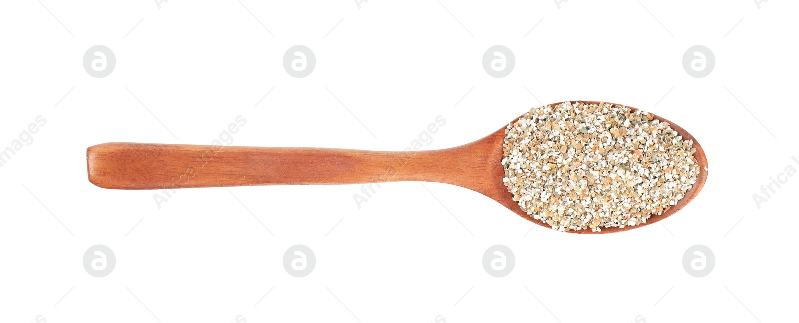 Photo of Rye bran in wooden spoon isolated on white, top view