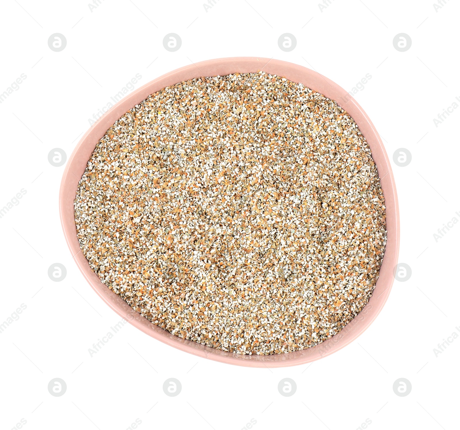 Photo of Rye bran in bowl isolated on white, top view