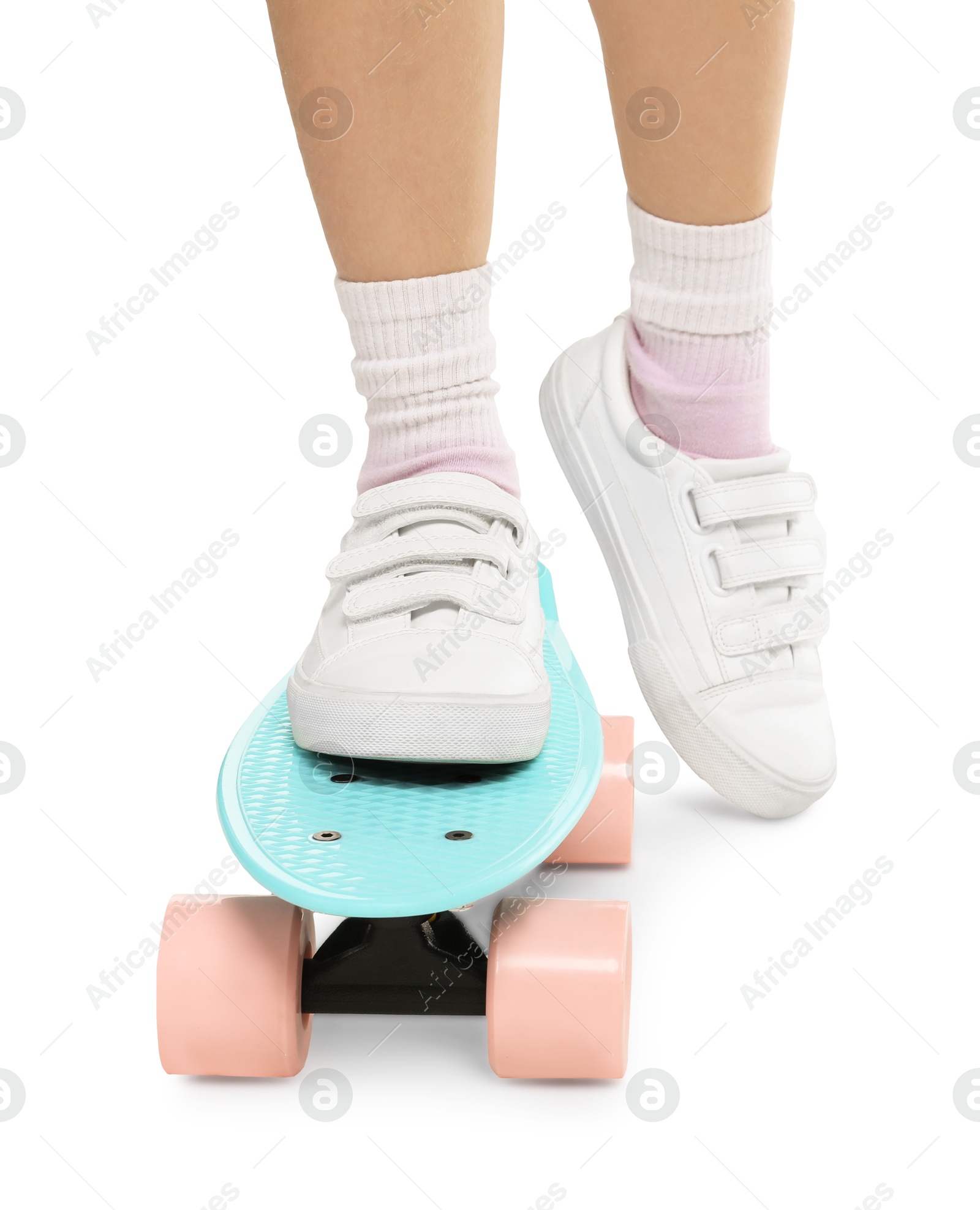 Photo of Girl with penny board on white background, closeup